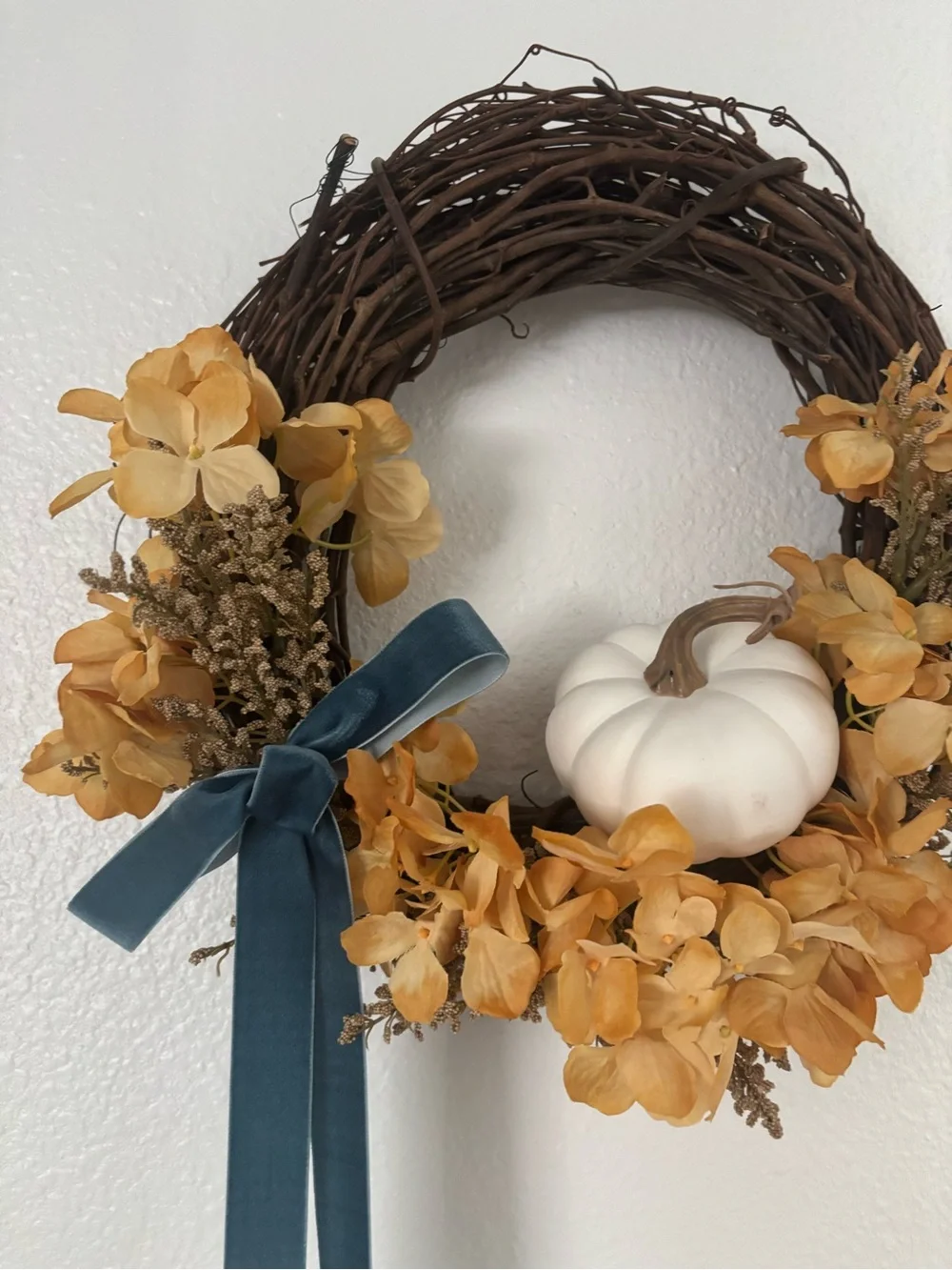 Autumn Hydrangeas Fall Harvest Wreath Pumpkin Hand Crafted w/Wine Bow Final Sale